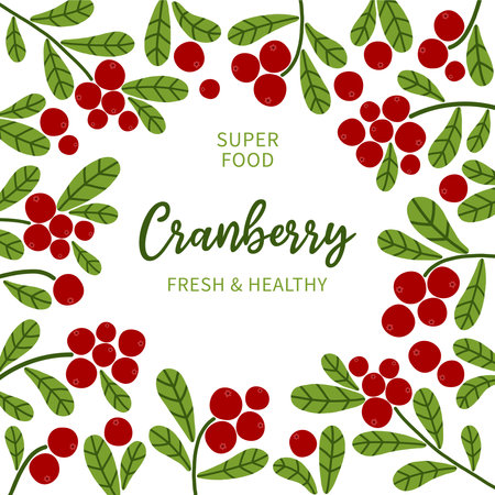 cranberry frame. Round border with red wild berries and green leaves. Cartoon vector illustration on white background.のイラスト素材