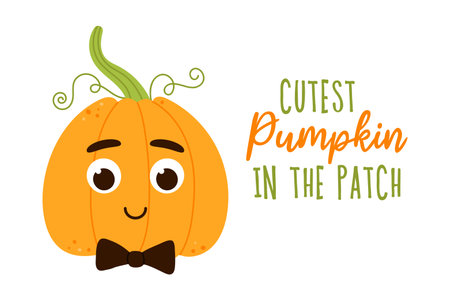 Cutest pumpkin in the patch hand drawn lettering. Little cute boy pumpkin with bow tie. isolated vector illustration on white backgroundのイラスト素材