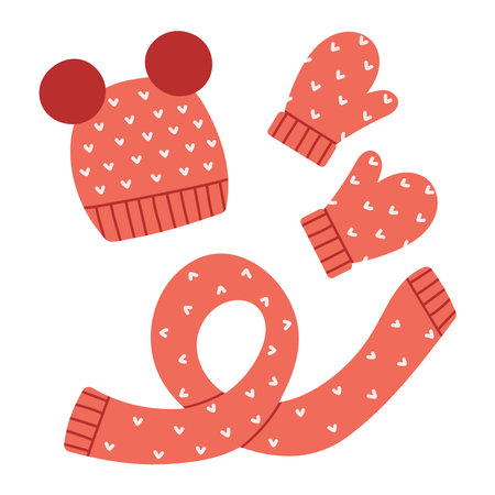 Winter red knitted hat with pompoms, scarf and mittens with heart pattern. Cartoon flat vector illustrationのイラスト素材