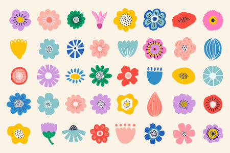 Set abstract hand drawn geometric colorful flowers shapes. Modern vector illustrationのイラスト素材