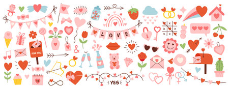 Cute happy valentines day set. Cartoon love romantic stickers elements with hearts. Hand drawn vector illustrationのイラスト素材