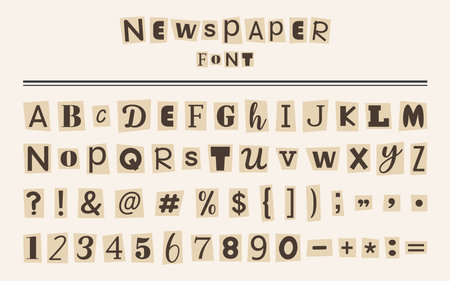 Cut letters from old yellowed magazines. Anonymous newspaper font for collage. Vintage clipping alphabet for poster, banner, greeting card, social media, web designのイラスト素材