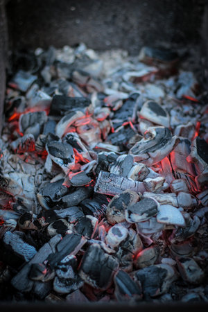 Burning charcoal in a brazier. selective focus.の写真素材