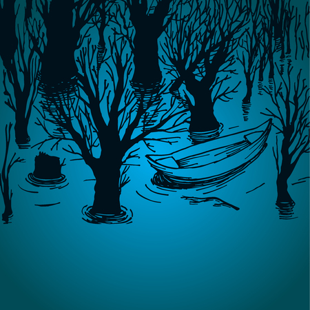 Illustration of trees in the water with lonely boat, floating boat in the lakeのイラスト素材