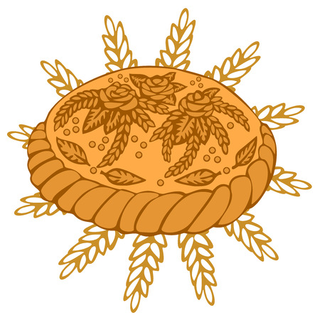 Round Loaf Karavai, traditional slavic russian and ukrainian festivals and weddings bread illustration. Russian cuisineのイラスト素材