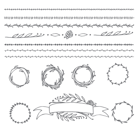 Hand drawn illustration Vintage decorative lovely set of laurels, ribbons, branches and wreaths Doodle greek ancient  wreath, text dividers and borders with laurel leaves, decorative design elementsのイラスト素材