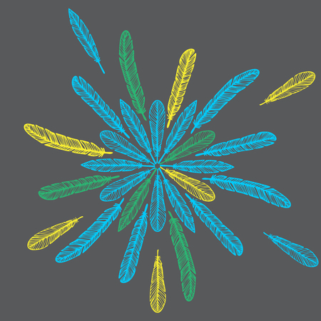 hipster feather elements, vintage doodle outline feather vectorのイラスト素材