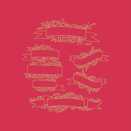 Set of doodle ornate fruit ribbons, vector retro banners with fruitsのイラスト素材
