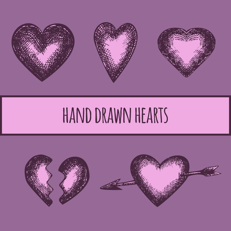 hand drawn heart retro set, vintage backgroundのイラスト素材