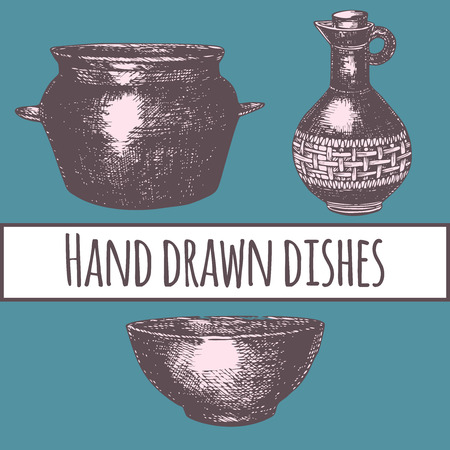 Empty hand drawn cooking dishes, pots, bottle and pansのイラスト素材