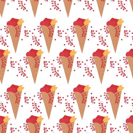Doodle wafer cone with fruits, fruit and berry ice-creamのイラスト素材