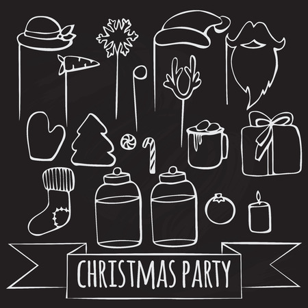 christmas elements, new years food and decor on chalkboardのイラスト素材