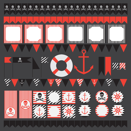 Printable set of vintage pirate party elements. Templates, labels, icons and wrapsのイラスト素材