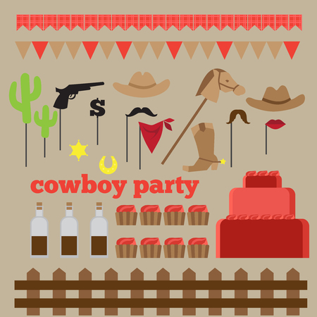 Printable set of vintage cowboy party elements. Templates, labels, icons and wrapsのイラスト素材