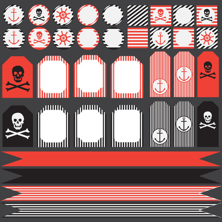 Printable set of vintage pirate party elements. Templates, labels, icons and wrapsのイラスト素材