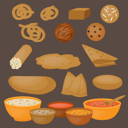 Vedic Indian cuisine, set of vegetarian healthy food, traditional meal of Indiaのイラスト素材