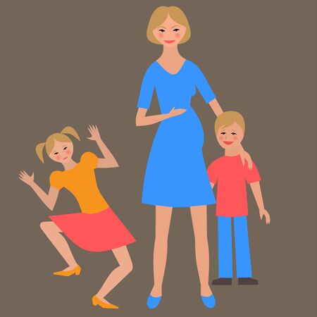 Flat portrait of happy family with mother and children.  Pregnant mom with little kids together. Woman, son and daughter. Illustrtion of single motherのイラスト素材