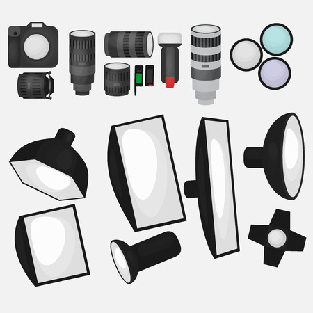 Set of photo studio equipment, light soft, camera and optic lenses flat icons, professional photographic technologyのイラスト素材