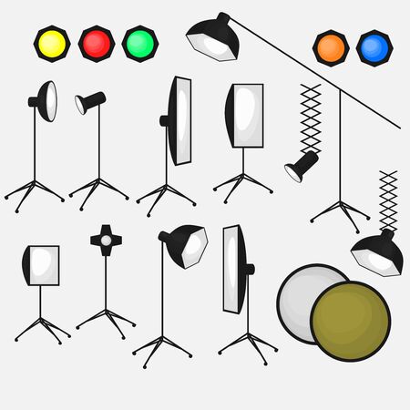 Set of photo studio equipment, light soft, camera and optic lenses flat icons, professional photographic technologyのイラスト素材