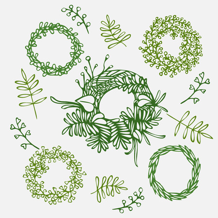 Hand drawn illustration Vintage decorative lovely set of laurels, ribbons, branches and wreaths Doodle greek ancient  wreath, text dividers and borders with laurel leaves, decorative design elementsのイラスト素材