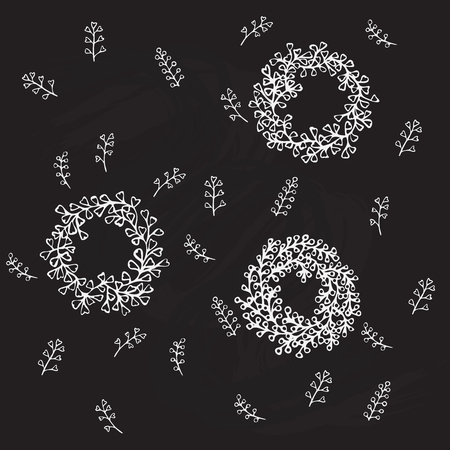 Hand drawn illustration Vintage decorative lovely set of laurels, ribbons, branches and wreaths Doodle greek ancient  wreath, text dividers and borders with laurel leaves, decorative design elementsのイラスト素材