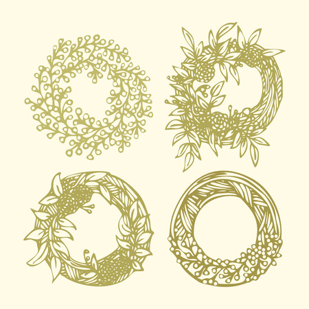 Hand drawn illustration Vintage decorative lovely set of laurels, ribbons, branches and wreaths Doodle greek ancient  wreath, text dividers and borders with laurel leaves, decorative design elementsのイラスト素材
