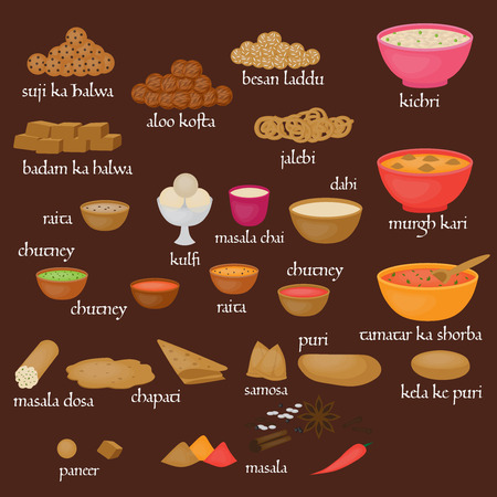 Vedic Indian cuisine, set of vegetarian healthy food, traditional meal of Indiaのイラスト素材