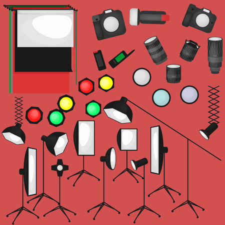 Set of photo studio equipment, paper photo background, light soft flat icons,  flash, reflector, softbox, professional photographic technologyのイラスト素材