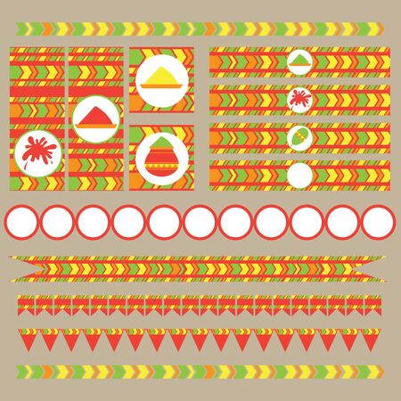Printable set of indian Holi party, festival of colours elements. Templates, labels, icons and wrapsのイラスト素材