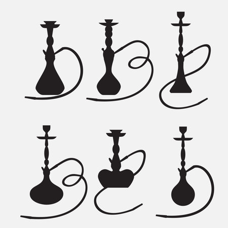 Hookah labels and smoke. Set of oriental nargile silhouettes. Isolated  traditional shishe on white...