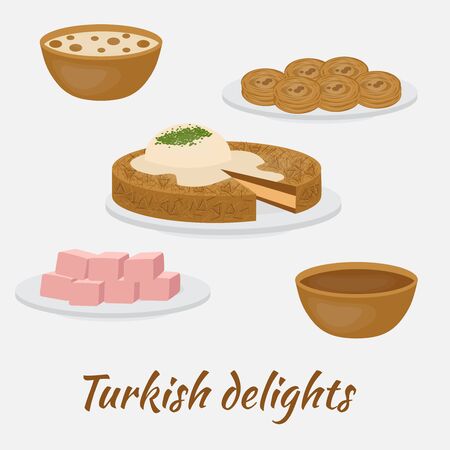 Middle East Food. Common desserts. Turkish delights.Traditional food of Turkish cuisine.のイラスト素材