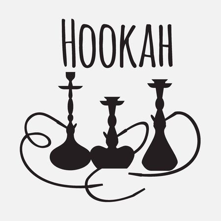 Hookah labels and smoke. Set of oriental nargile silhouettes. Isolated  traditional shishe on white backgroundのイラスト素材