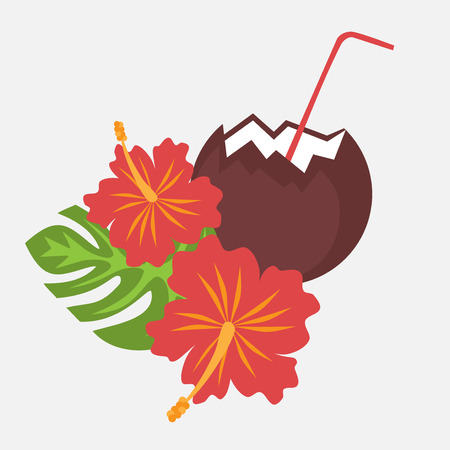 Poster with tropical palm leaves and flowers hibiscus flower hawaii with coconut drink, exotic summer flower backgroundのイラスト素材