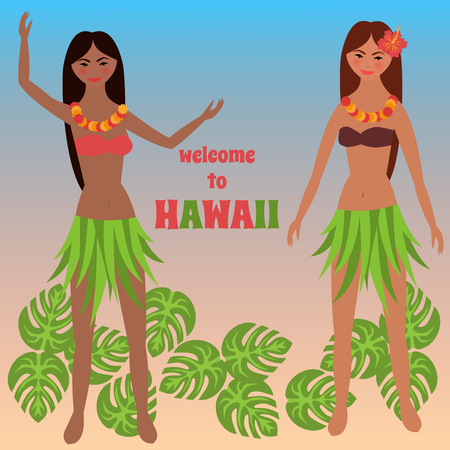 Colorful poster with tropical rest, time off on Hawaii islands, vacation, weekend,  Aloha, Girl dancing hula, Luau party backgroundのイラスト素材