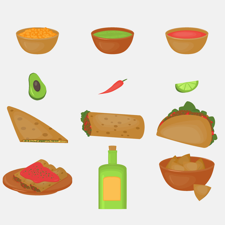 Mexican traditional food set, traditional cusine of Mexico, latino fast food menu takos, burrito, restaurant mealのイラスト素材