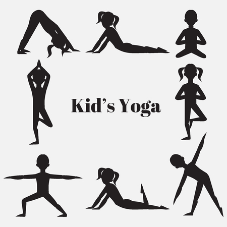 Yoga kids silhouette set. Gymnastics for children and healthy lifestyle. Yoga exercises. Yoga class, yoga center, yoga studio. Flat yoga asanaのイラスト素材