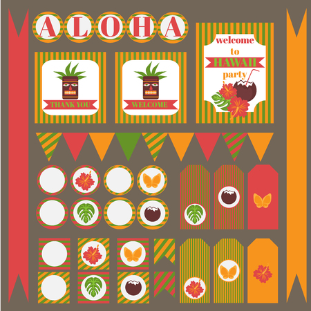 Printable set of hawaii party elements. Templates and labels, icons, flags and wraps.のイラスト素材