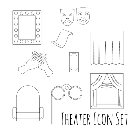 Theatre acting performance icons set with  ticket masks flat isolated on white background.のイラスト素材