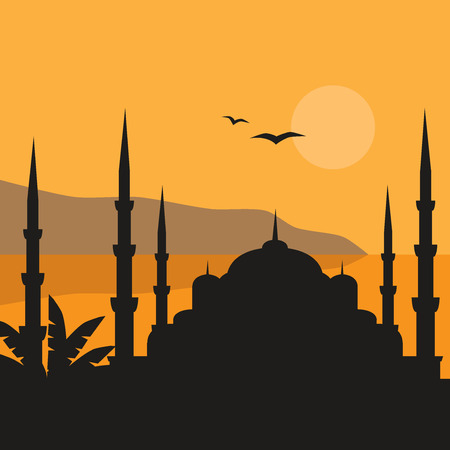 The Blue Mosque, Sultanahmet Camii, Istanbul, Turkey, middle east islamic architecture flatのイラスト素材