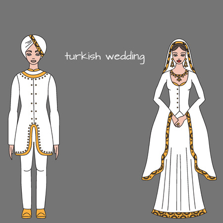 Muslim turkish bride and groom, wedding ceremony. Islam traditional celebration, love couple outlineのイラスト素材