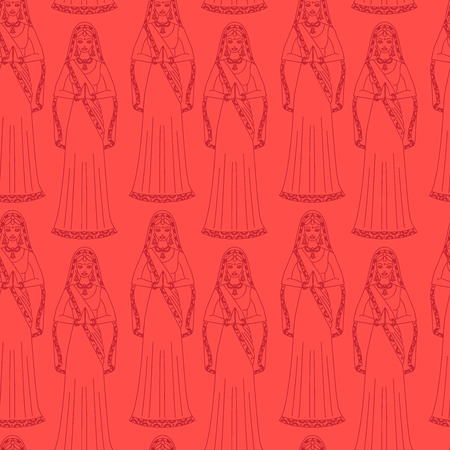 South Asia beautiful woman wearing indian traditional cloth, hinduism costume, girl in sari seamless pattern outlineのイラスト素材