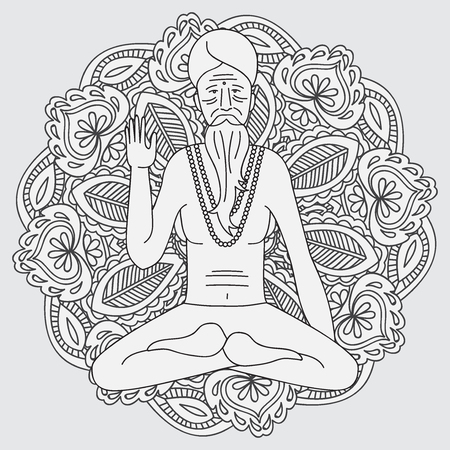 yoga meditating sadhu,  asia hinduism monk, india religious guru man character, mandalaのイラスト素材