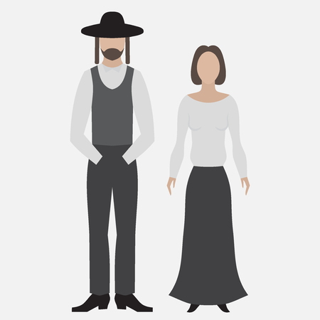 Orthodox jew. Flat icon. Hebrew from Israel, Jewish man and woman in religios cloth. Traditional stereotype flat charactersのイラスト素材