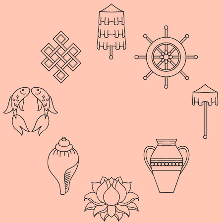 Buddhist symbolism, The 8 Auspicious Symbols of Buddhism, Right-coiled White Conch, Precious Umbrella, Victory Banner, Golden Fish, Dharma Wheel, Auspicious Drawing, Lotus Flower, Vase of Treasure. Icon setのイラスト素材