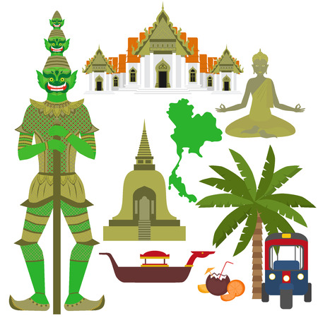 Thailand symbol, marble Temple Benchamabophit, Guardian Giant Yaksha, Buddhist stupa chedi, Traditional long-tail boat, Thai taxi vehicle Tuk Tuk, sculpture of Buddha, map of Thailandのイラスト素材