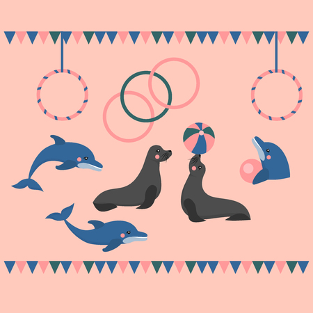 dolphin show dolphinarium, sea lion, seal, aqua circus and ocian animalのイラスト素材