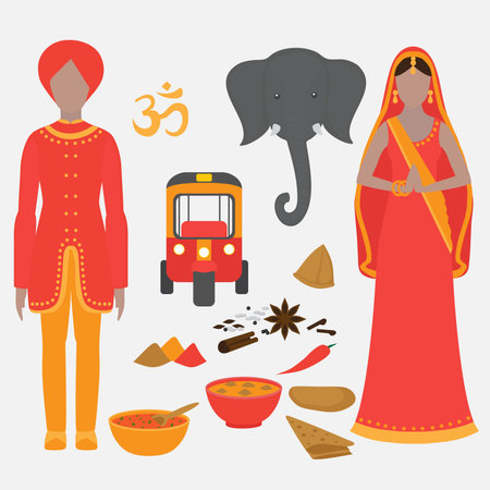 India symbols set. Hinduism design elements. South Asia beautiful woman and man wearing indian traditional cloth. Vedic cuisine, set of vegetarian healthy food. Holi objects for traditional festival of colours.のイラスト素材