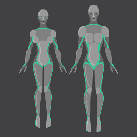 Robot man and woman, male and female cyborg, technology characters, flat humanoid from future, mechanical chrome bodyのイラスト素材