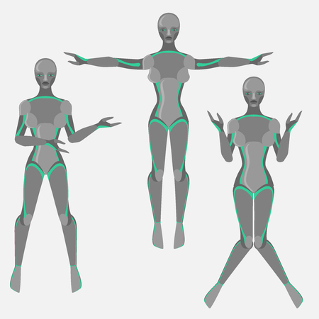 Robot woman, female cyborg, technology characters, flat humanoid from future, mechanical chrome bodyのイラスト素材