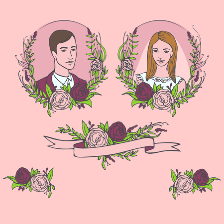 Floral wedding invitation, save the date. Flower vintage greeting card with laurel. Bride and groom getting marriedのイラスト素材